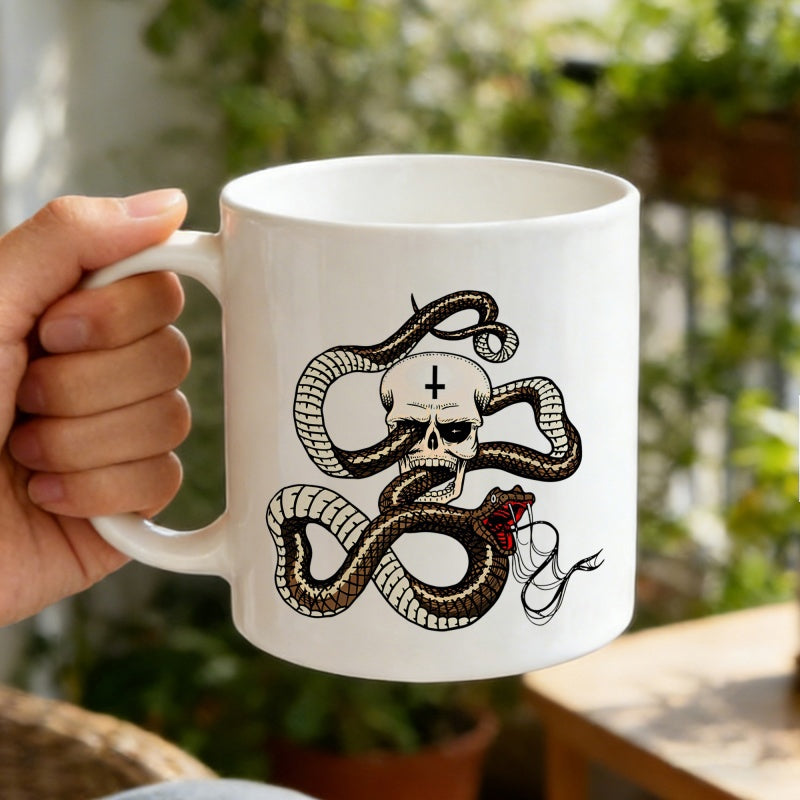 Tailorly White Ceramic 11 oz Mug - Dark Gothic Illustration With A Coiling Snake Entwined Within Skull