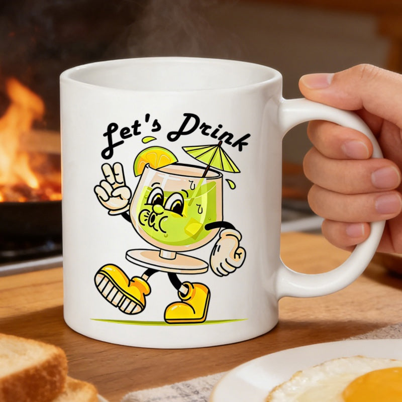 Tailorly White Ceramic 11 oz Mug - Let's Drink Cartoonish Walking Cocktail Character Wearing Yellow Boots And White Gloves Glass