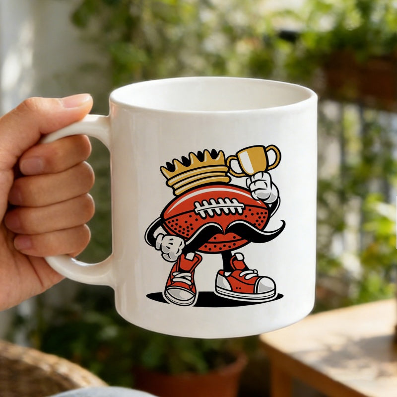 Tailorly White Ceramic 11 oz Mug - Charming Cartoon Character Wearing Golden Crown Holding Victory Trophy Football