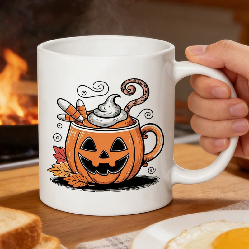 Tailorly White Ceramic 11 oz Mug - Festive Halloween Mug With Whipped Cream And Seasonal Candy Corn Pumpkin