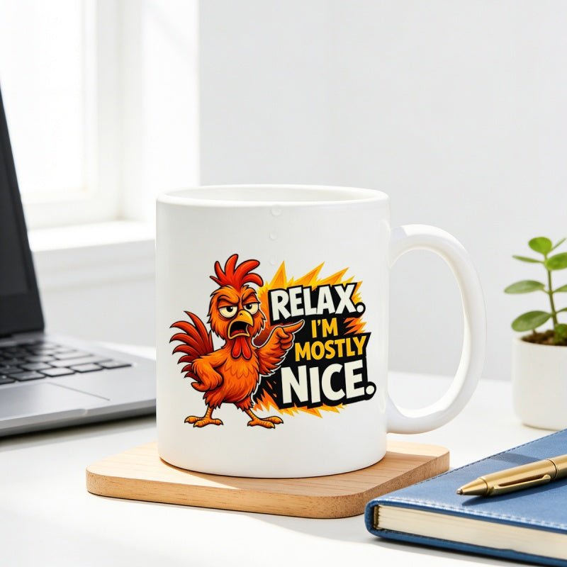 Tailorly White Ceramic 11 oz Mug - Relax Im Mostly Nice Angry Cartoon Character Pointing Finger With Dramatic Yellow Explosion Background Rooster