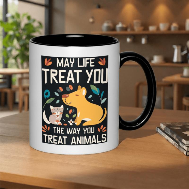 Tailorly Black Accent 11 oz Mug - may life treat you the way you treat animals text