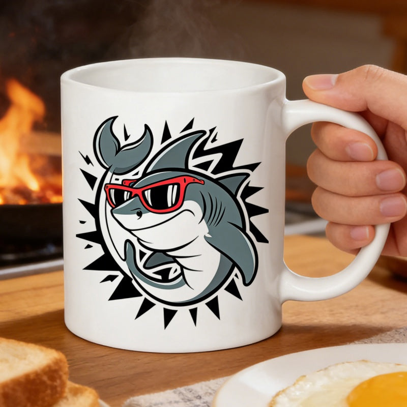 Tailorly White Ceramic 11 oz Mug - Cool Cartoon Shark Wearing Red Sunglasses With Sharp Geometric Black Background Shark