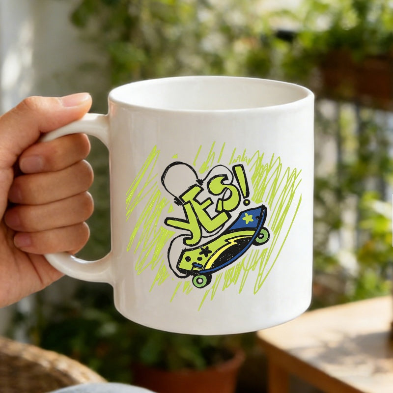 Tailorly White Ceramic 11 oz Mug - Yes Graffiti Style Board With Neon Scribbles And Energetic Lightning Bolt Skateboard