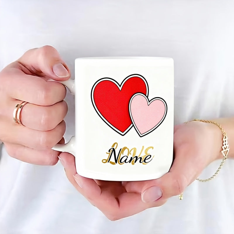 Tailorly White Ceramic 11 oz Mug - Love Name Minimalist Design With Overlapping Red And Pink Romantic Symbols Heart