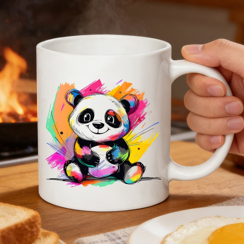 Tailorly White Ceramic 11 oz Mug - Artistic Sitting Creature Featuring Vibrant Colorful Rainbow Paint Splashes Panda