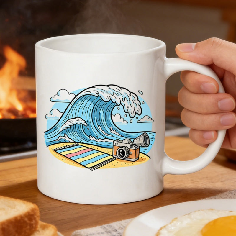 Tailorly White Ceramic 11 oz Mug - Vibrant Cartoon Ocean Surf Among Beach Towel And Vintage Film Camera Wave