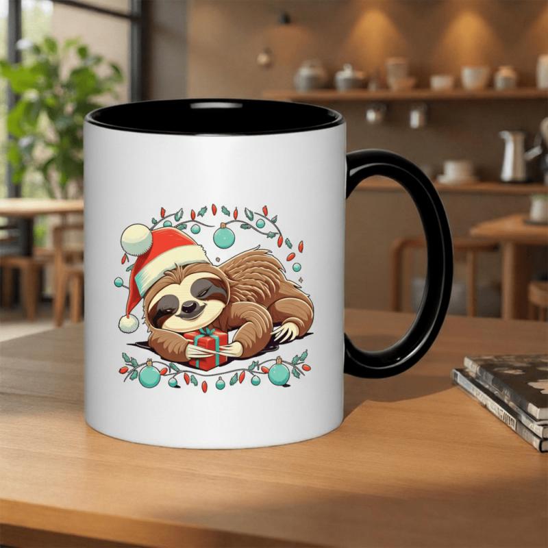 Tailorly Black Accent 11 oz Mug - sloth in a santa hat with christmas presents and lights