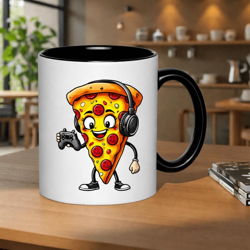 Tailorly Black Accent 11 oz Mug - a gamer pizza with headphones holding a controller