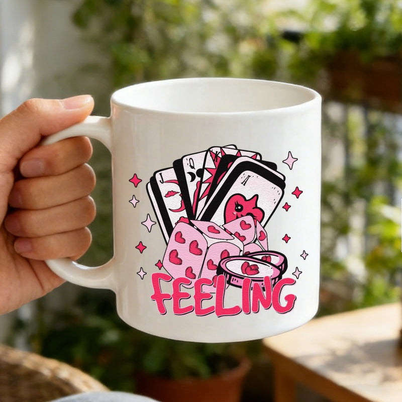 Tailorly White Ceramic 11 oz Mug - Feeling Pink Gambling Items With Heart Themed Dice And Decorative Deck