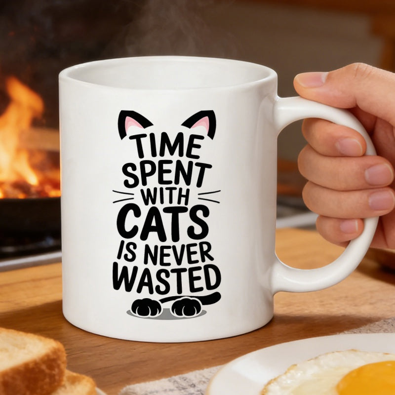 Tailorly White Ceramic 11 oz Mug - Time Spent With Cats Is Never Wasted Minimalist Silhouette Featuring Pointed Ears And Tiny Whiskers With Cute Paws Cat