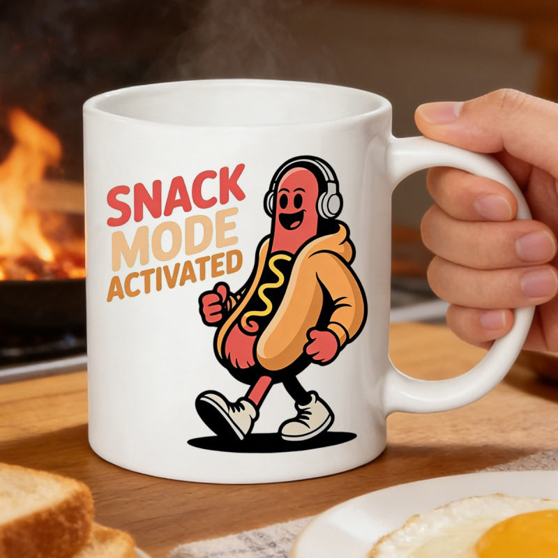Tailorly White Ceramic 11 oz Mug - Snack Mode Activated Cheerful Walking Hot Dog Wearing Yellow Hoodie And Stylish White Headphones Hot Dog