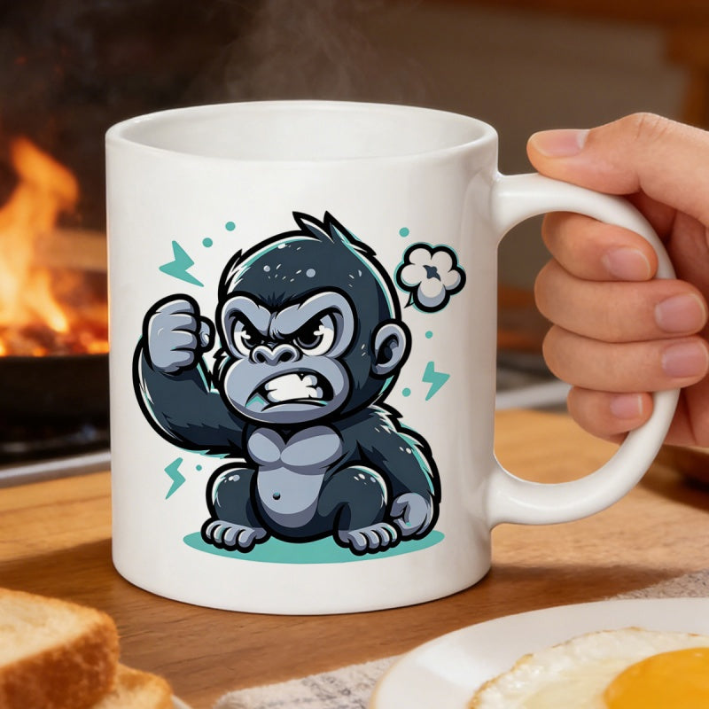 Tailorly White Ceramic 11 oz Mug - Strong Angry Cartoon Ape Clenching Fist With Lightning Bolts And Steam Gorilla
