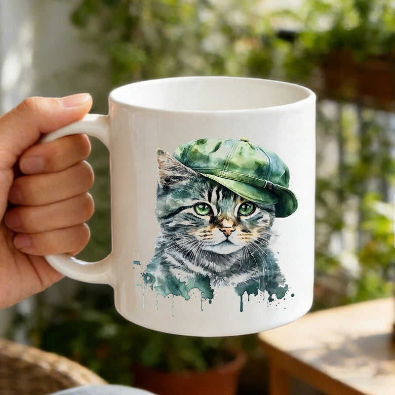 Tailorly White Ceramic 11 oz Mug - Watercolor Tabby With Green Hat And Artistic Splatter Detail Cat