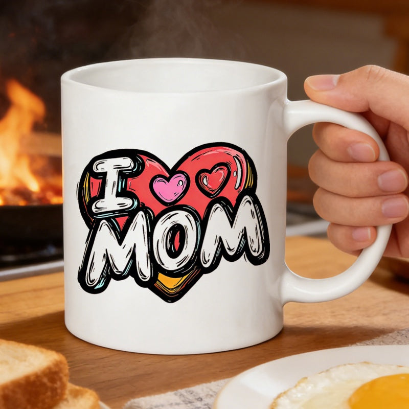 Tailorly White Ceramic 11 oz Mug - I Mom Artistic Hand Drawn Style Featuring Colorful Hearts On White Ceramic Heart