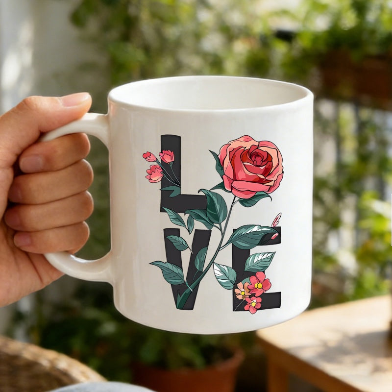 Tailorly White Ceramic 11 oz Mug - Love Vibrant Pink Rose Surrounded By Green Leaves And Buds Rose