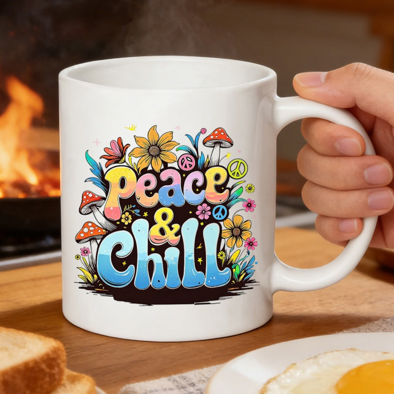 Tailorly White Ceramic 11 oz Mug - Peace Chill Colorful Retro Hippie Graphics Featuring Blooming Flowers And Mushrooms Mug