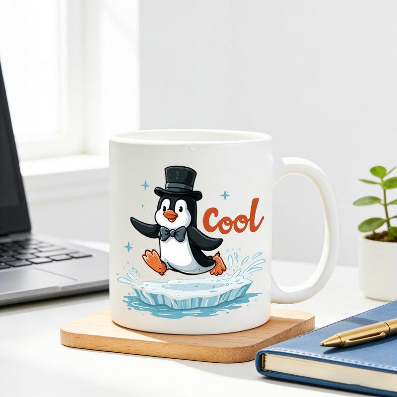 Tailorly White Ceramic 11 oz Mug - Cool Adorable Cartoon Bird Wearing Black Top Hat And Bow Tie Penguin