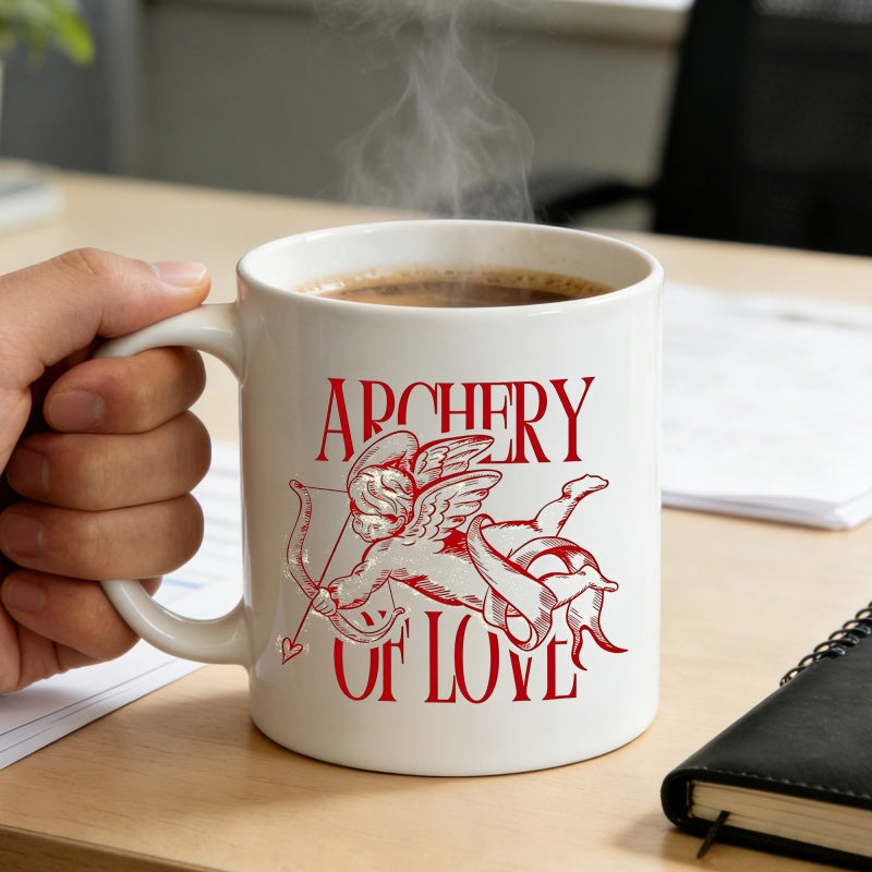 Tailorly White Ceramic 11 oz Mug - Archery Of Love Vintage Winged Angel Shooting Heart Arrow Among Decorative Classical Artistic Lines Cupid