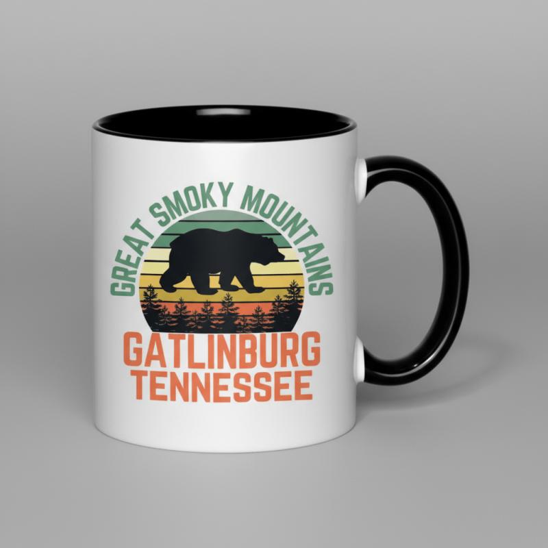 Tailorly Black Accent 11 oz Mug - mountains tennessee bear vintage retro sunset