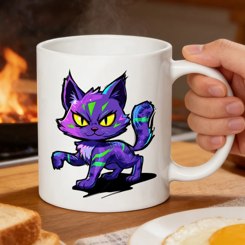 Tailorly White Ceramic 11 oz Mug - Vibrant Purple Animated Style Creature With Neon Green Glowing Stripes Cat