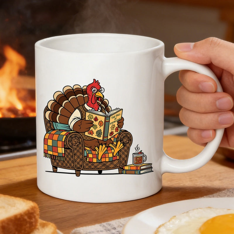 Tailorly White Ceramic 11 oz Mug - Whimsical Cartoon Turkey Sitting In Armchair Reading A Book By Fireplace Turkey