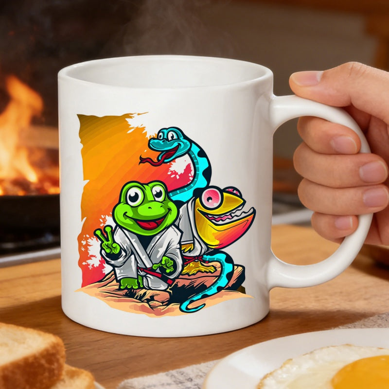 Tailorly White Ceramic 11 oz Mug - Martial Arts Cartoon Character Wearing Traditional White Gi Among Animal Friends Frog