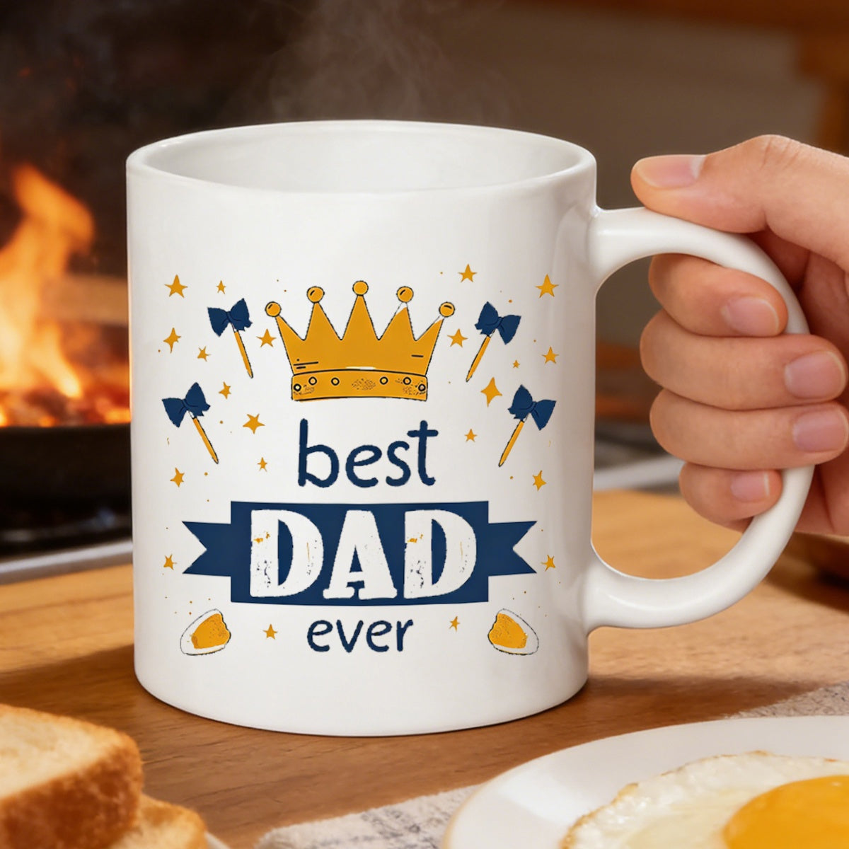 Tailorly White Ceramic 11 oz Mug - Best Dad Ever Elegant Golden Crown With Blue Bowties And Stars On Ceramic Mug