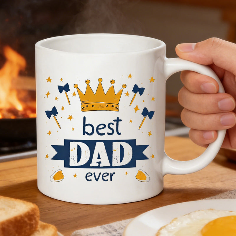 Tailorly White Ceramic 11 oz Mug - Best Dad Ever Elegant Golden Crown With Blue Bowties And Stars On Ceramic Mug