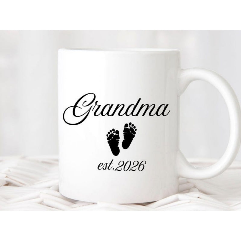 Tailorly White Ceramic 11 oz Mug - Grandma Est 2026 Tiny Baby Footprints Centered On A Clean Mug