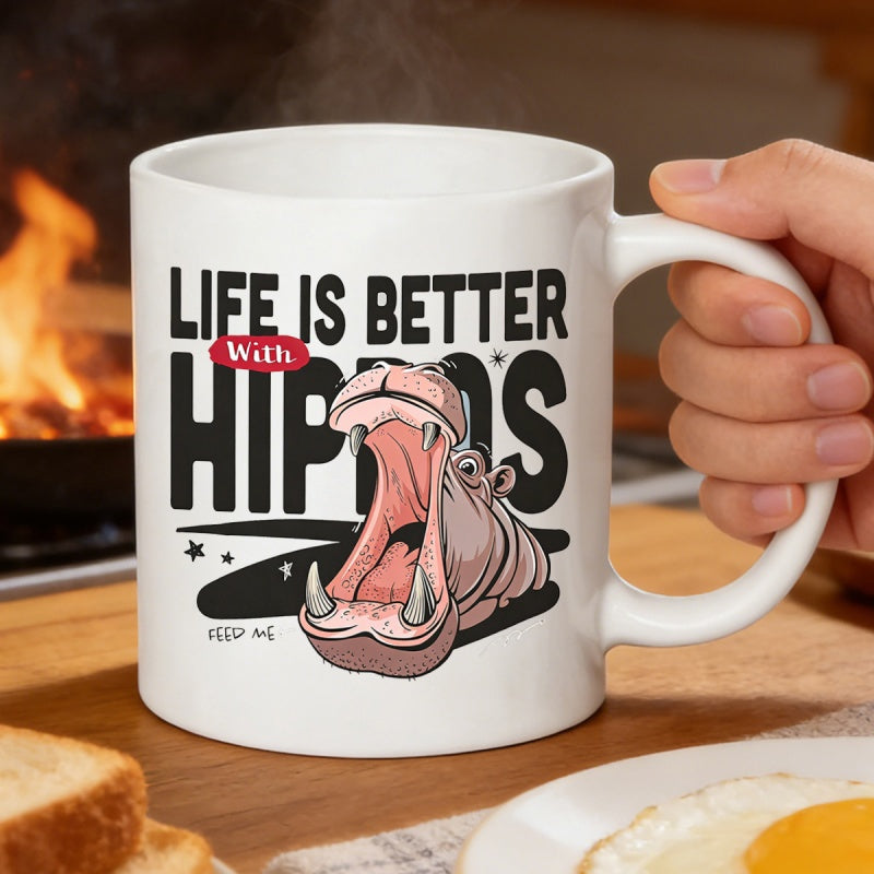 Tailorly White Ceramic 11 oz Mug - Life Is Better With Hippos Yawning With Large Open Mouth And Detailed Features Hippo