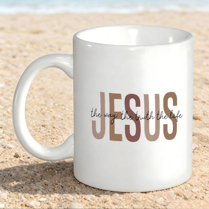 Tailorly White Ceramic 11 oz Mug - Jesus The Way The Truth The Life Minimalist Earthy Tone Lettering Overlaid With Elegant Script Text Typography
