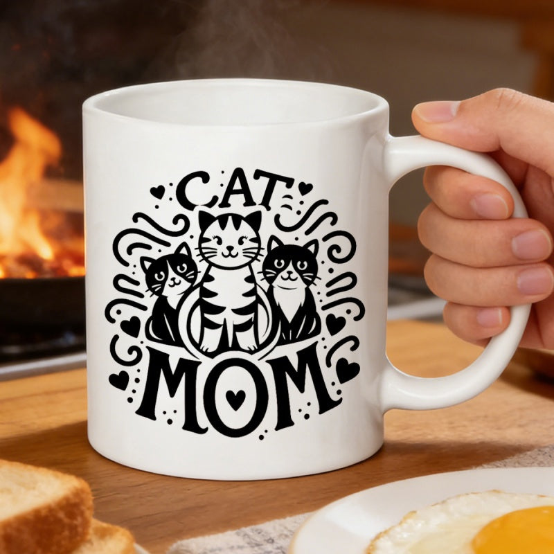 Tailorly White Ceramic 11 oz Mug - Cat Mom Three Playful Cartoon Kittens With Hearts And Decorative Swirls Cat