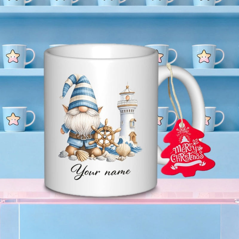 Tailorly White Ceramic 11 oz Mug - Your Name Nautical Sailor Holding Ship Wheel Beside A Towering Coastal Lighthouse Gnome
