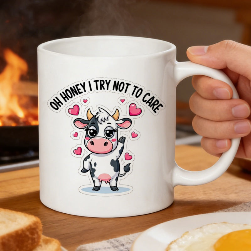 Tailorly White Ceramic 11 oz Mug - Oh Honey I Try Not To Care Adorable Cartoon Spotted Farm Animal Standing Among Floating Pink Hearts Cow