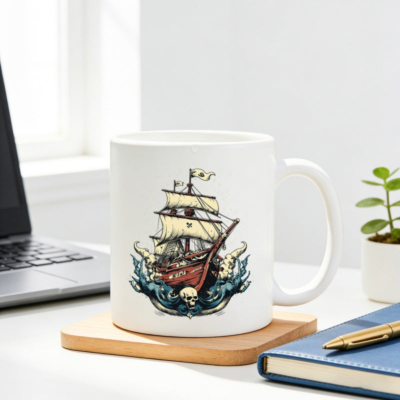 Tailorly White Ceramic 11 oz Mug - Vintage Nautical Sailing Vessel Surrounded By Crashing Waves And Skulls Ship