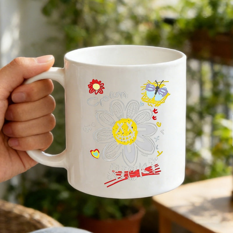 Tailorly White Ceramic 11 oz Mug - Dream Smile Hand Drawn Artistic Vibrant Garden With Flying Butterfly And Small Accents Daisy