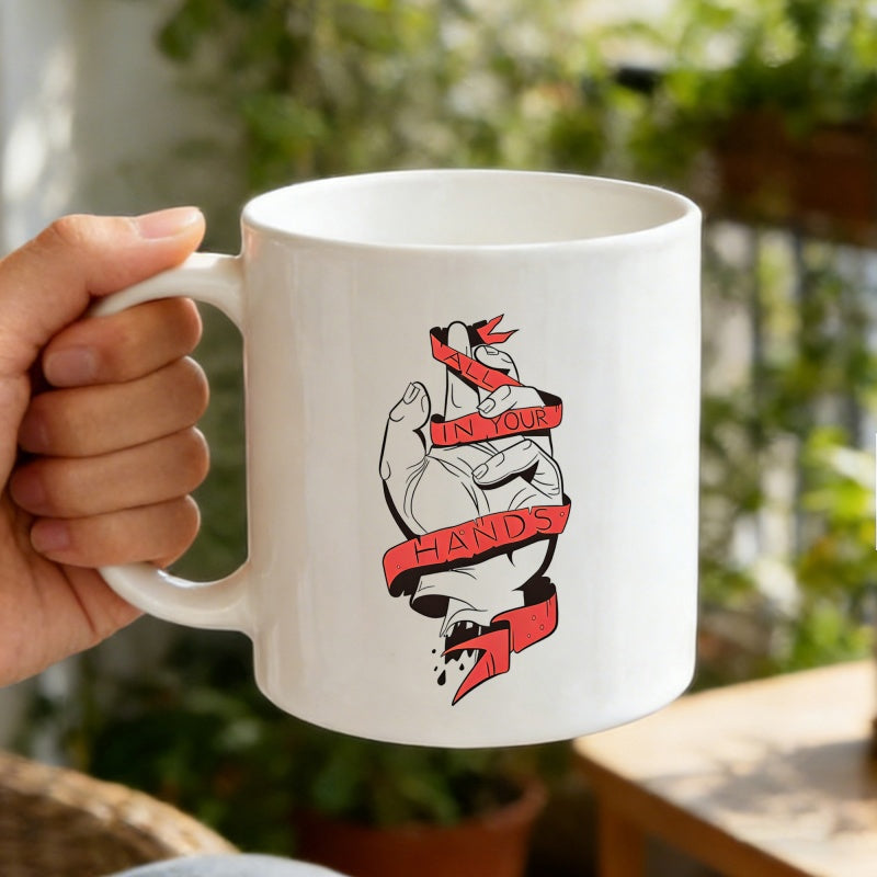 Tailorly White Ceramic 11 oz Mug - Still In Your Hands Artistic Line Art Sketch Of A Severed Hand Wrapped In Crimson Ribbons Hand