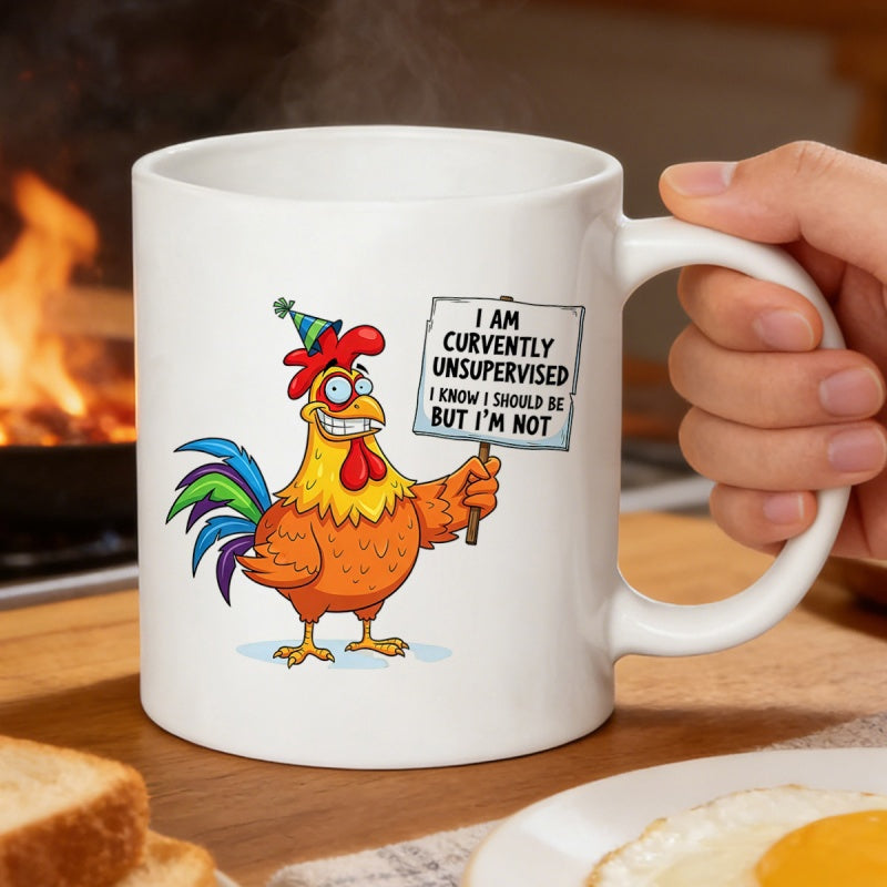 Tailorly White Ceramic 11 oz Mug - I Am Currently Unsupervised I Know I Should Be But I Am Not Vibrant Colorful Cartoon Rooster Wearing Hat Holding A Sarcastic