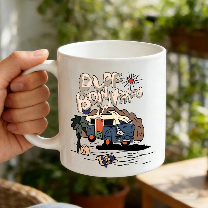Tailorly White Ceramic 11 oz Mug - Dlof Bon Vivant Retro Travel Bus Parked Beside Tropical Palm Trees Cartoon Van