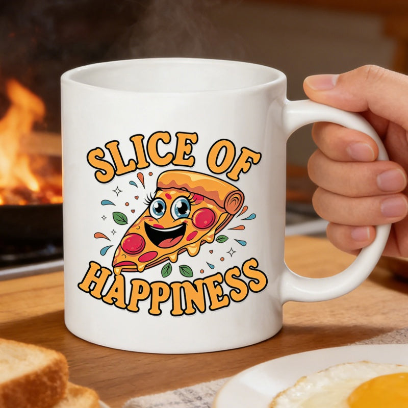 Tailorly White Ceramic 11 oz Mug - Slice Of Happiness Cheerful Smiling Cartoon Pizza Piece Surrounded By Playful Sprinkles And Leaves Pizza