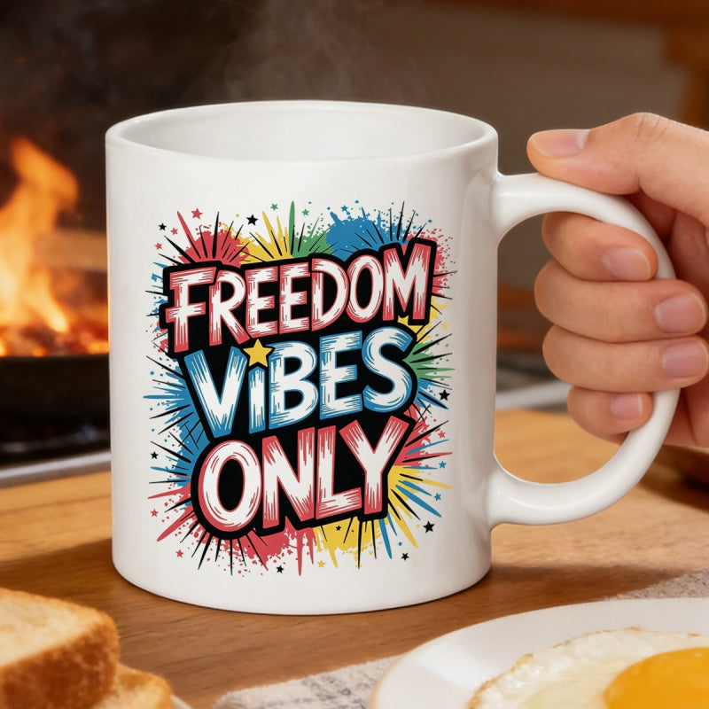 Tailorly White Ceramic 11 oz Mug - Freedom Vibes Only Vibrant Colorful Paint Splatter Bursting From The Central Artistic Splatter