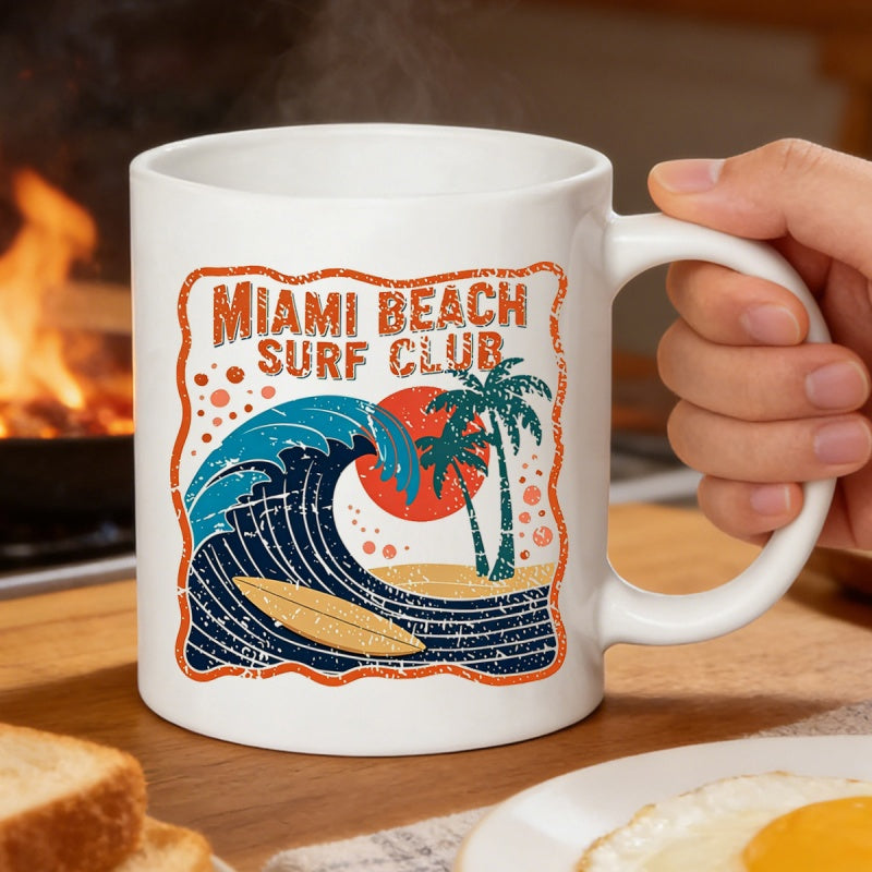 Tailorly White Ceramic 11 oz Mug - Miami Beach Surf Club Distressed Retro Waves Crashing Over Sand Beside Tall Palm Trees Design