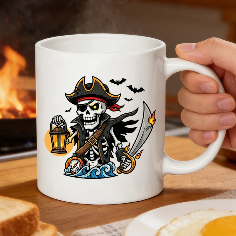 Tailorly White Ceramic 11 oz Mug - Menacing Undead Pirate Captain Holding Lantern And Sword Among Waves Skeleton
