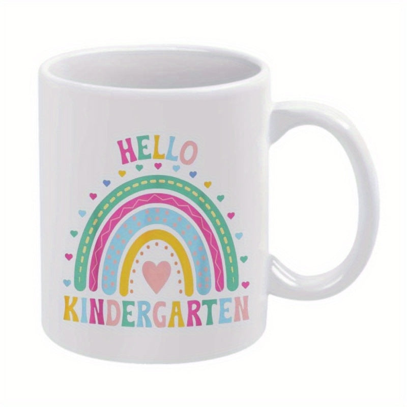 Tailorly White Ceramic 11 oz Mug - Hello Kindergarten Vibrant Pastel Hand Drawn Styled Arches With Hearts And Playful Rainbow
