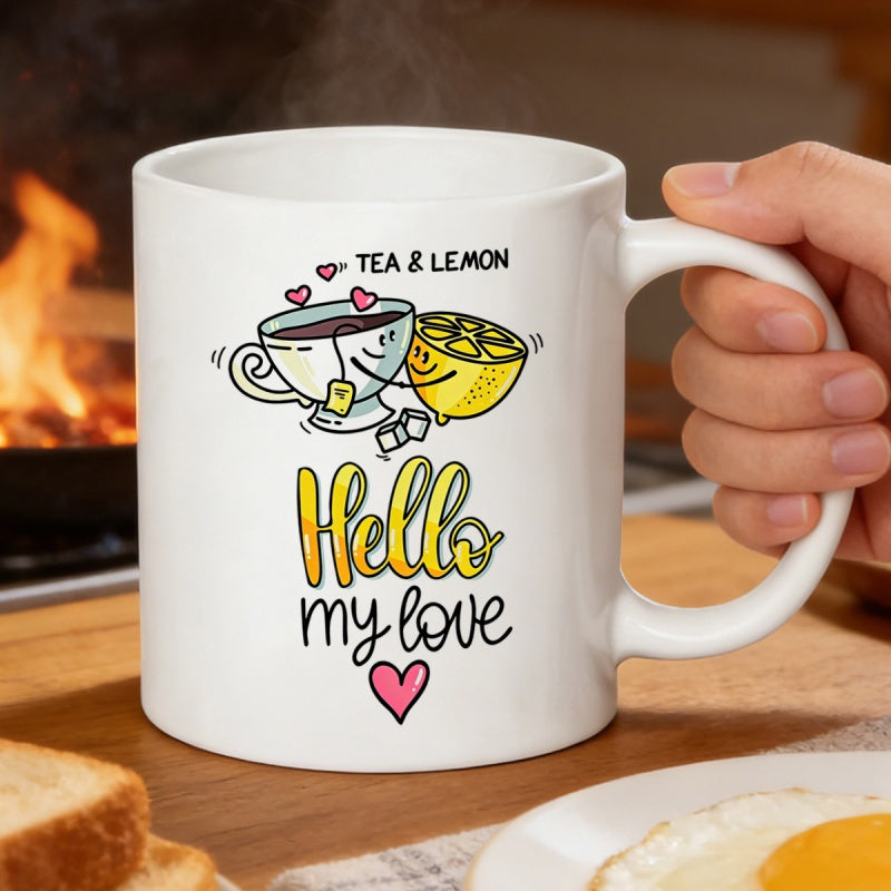 Tailorly White Ceramic 11 oz Mug - Tea Lemon Hello My Love Cheerful Cartoon Teacup Hugging A Fresh Yellow Lemon Character