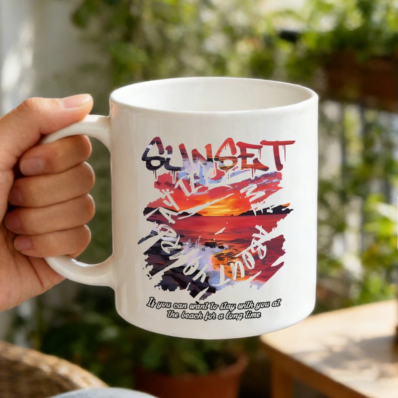 Tailorly White Ceramic 11 oz Mug - Sunset Tell Me About Your Vibrant Coastal Horizon With Warm Colors Reflecting Upon Calming Ocean Waves Sunset