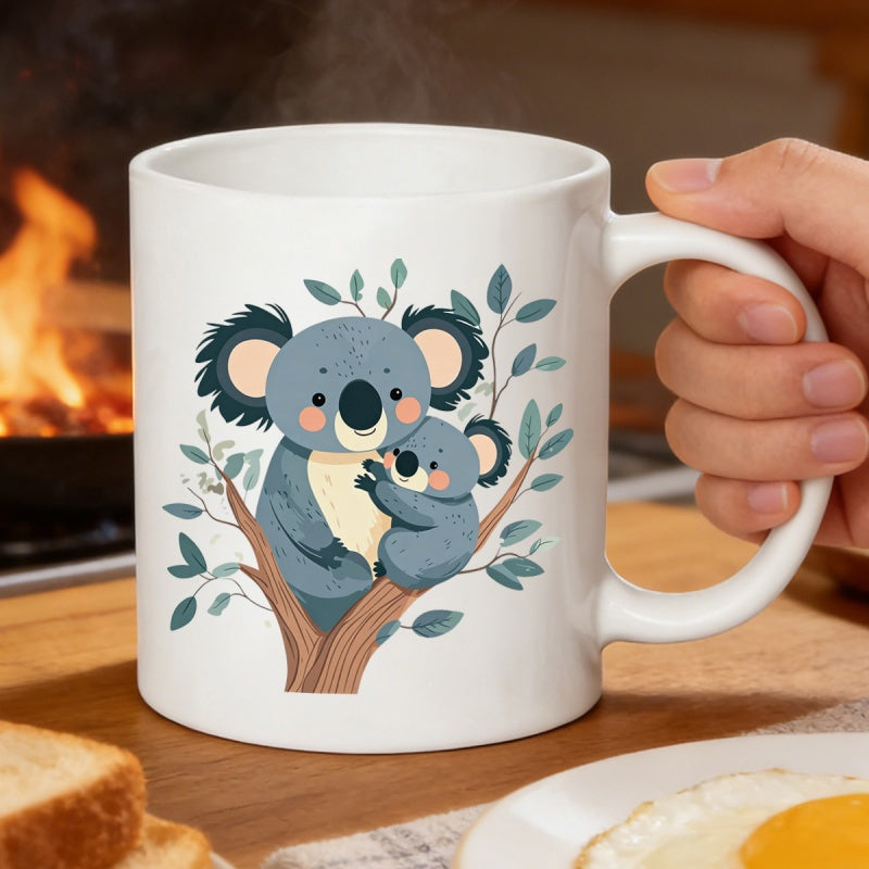 Tailorly White Ceramic 11 oz Mug - Adorable Mother And Baby Resting On Eucalyptus Tree Branch Koala