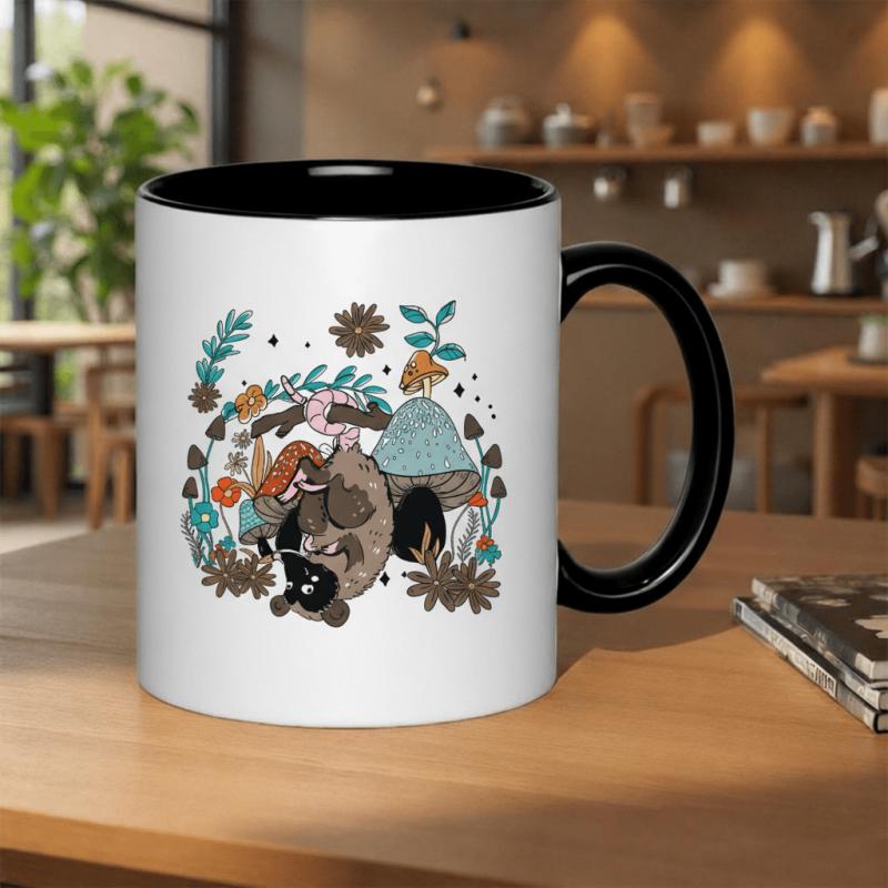 Tailorly Black Accent 11 oz Mug - cute hedgehog and whimsical mushrooms in illustration
