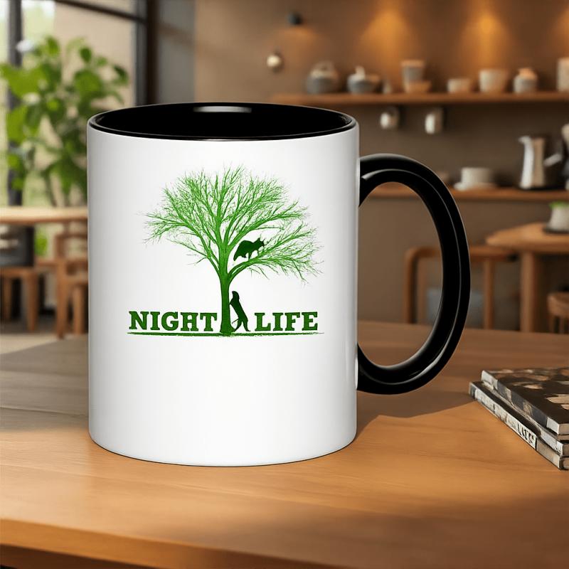 Tailorly Black Accent 11 oz Mug - raccoon and dog silhouette against a night scene